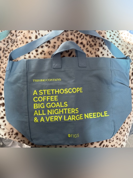 Figs Handbags - FIGS gray tote with yellow medical-print text